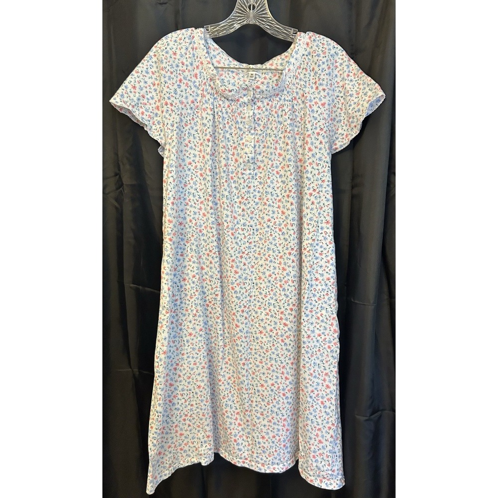 Aria 100% Cotton Short Sleeve Nightgown M Pink Blue Floral Pockets Grandma
